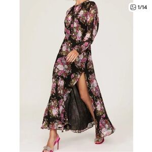LoveShackFancy Dress Womens 2 Black Pink Floral Daya Gown Side Slit